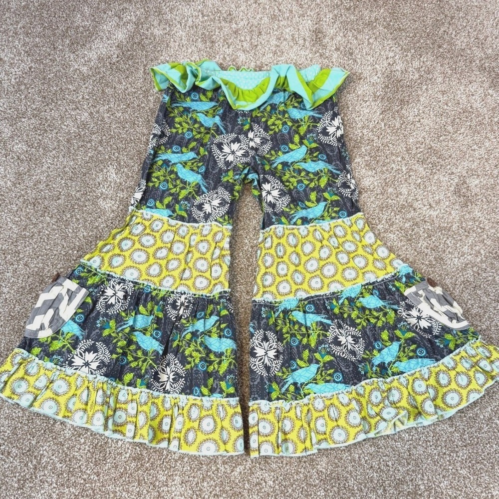 Mustard Pie Toddler Girls 3T Pants Tiered Ruffle Bell Bottom Blue Floral MJ